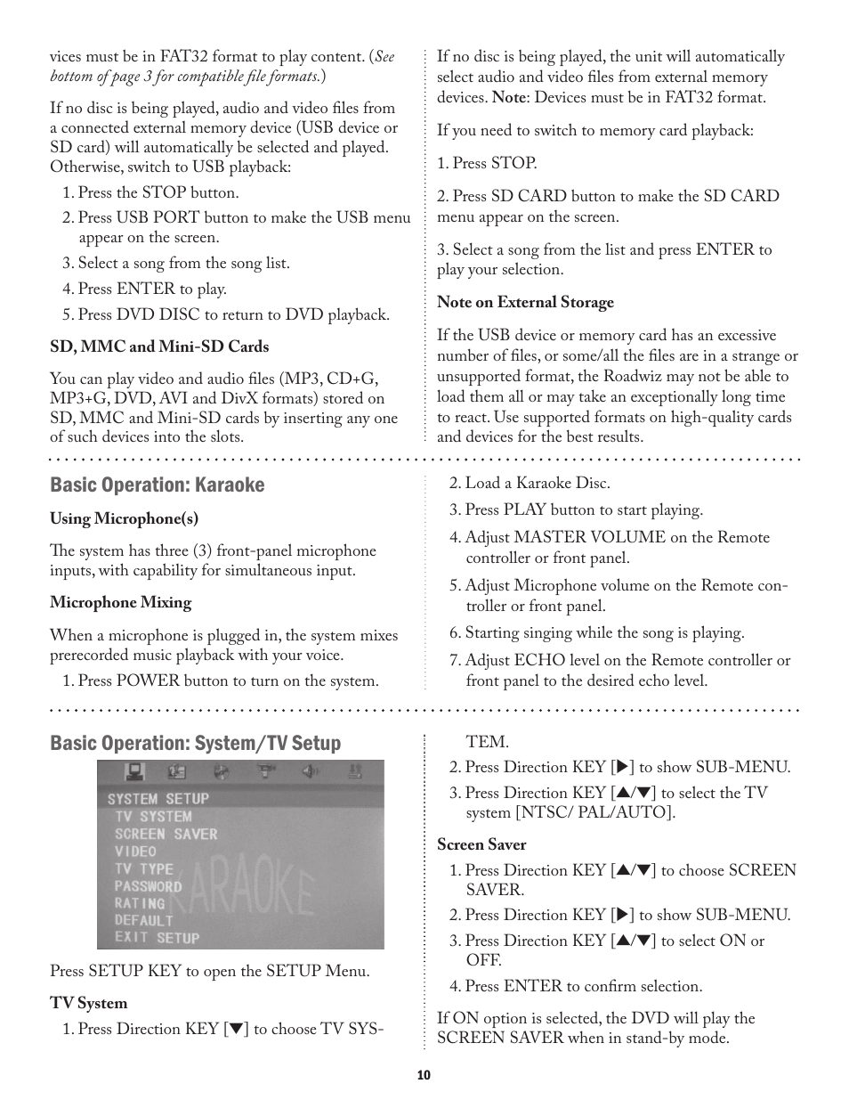 Basic operation: karaoke, Basic operation: system/tv setup | Acesonic ROADWIZ PK-1290 User Manual | Page 10 / 20