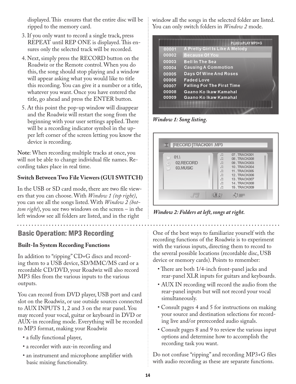 Basic operation: mp3 recording | Acesonic ROADWIZ PK-1290 User Manual | Page 14 / 20
