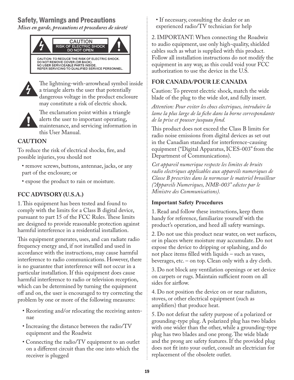 Safety, warnings and precautions | Acesonic ROADWIZ PK-1290 User Manual | Page 19 / 20