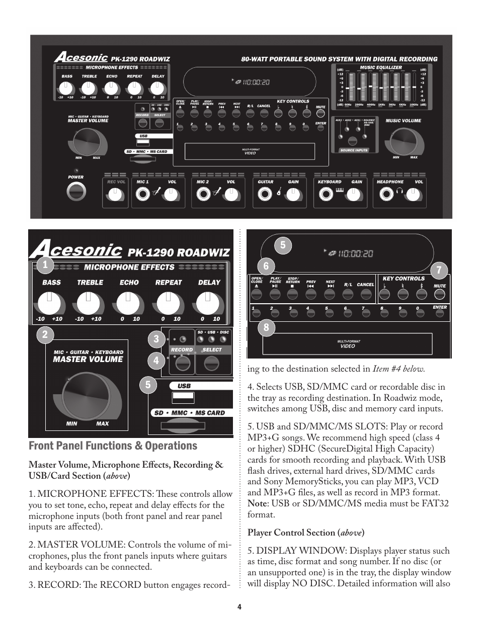 Front panel functions & operations | Acesonic ROADWIZ PK-1290 User Manual | Page 4 / 20