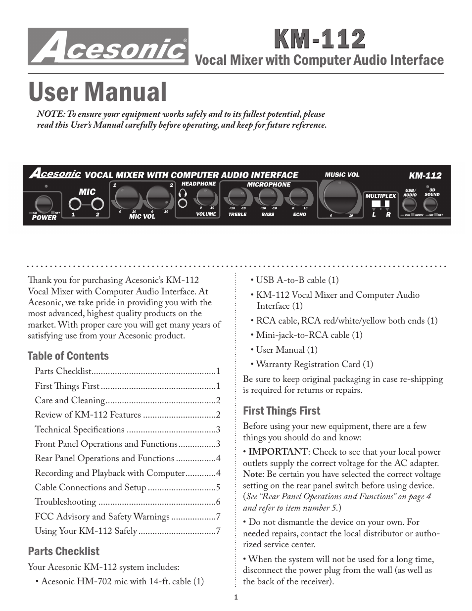 Acesonic VOCAL MIXER WITH COMPUTER AUDIO INTERFACE KM-112 User Manual | 8 pages