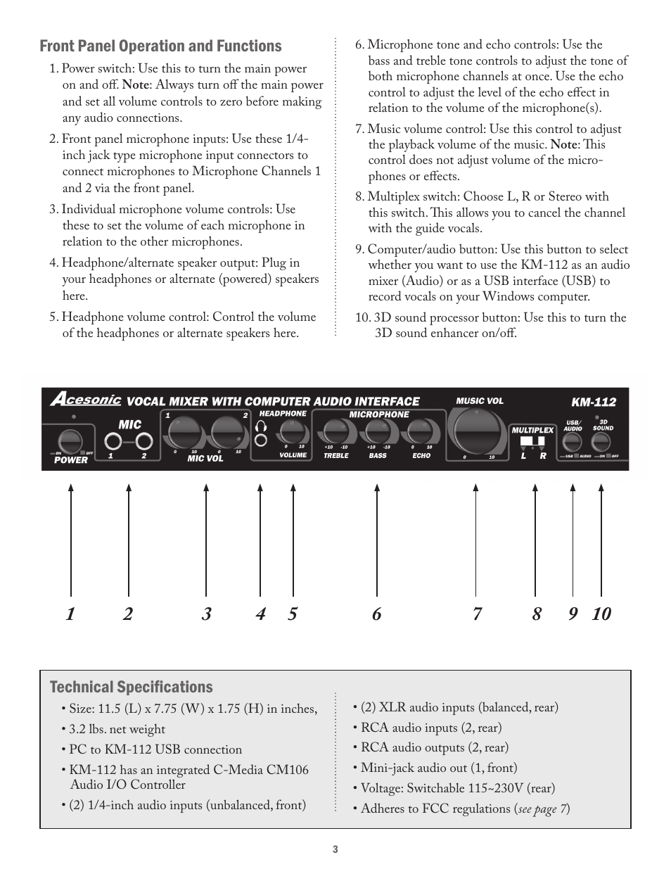 Front panel operation and functions, Technical specifications | Acesonic VOCAL MIXER WITH COMPUTER AUDIO INTERFACE KM-112 User Manual | Page 3 / 8