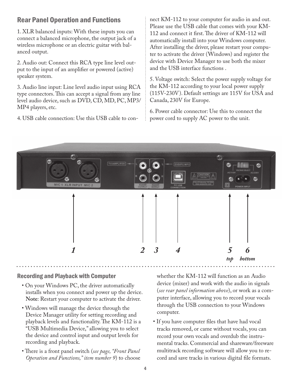 Rear panel operation and functions | Acesonic VOCAL MIXER WITH COMPUTER AUDIO INTERFACE KM-112 User Manual | Page 4 / 8