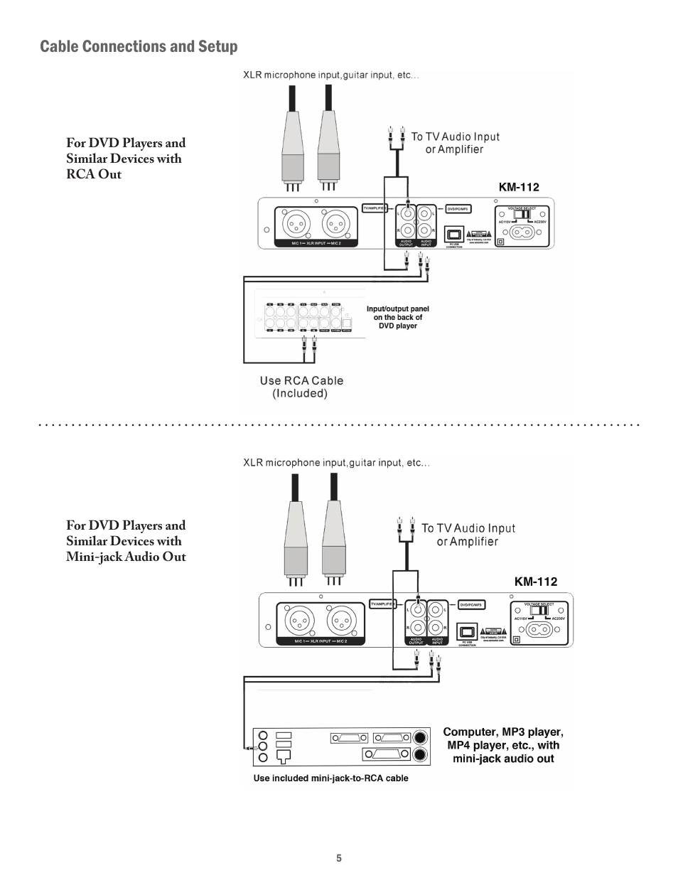 Cable connections and setup | Acesonic VOCAL MIXER WITH COMPUTER AUDIO INTERFACE KM-112 User Manual | Page 5 / 8