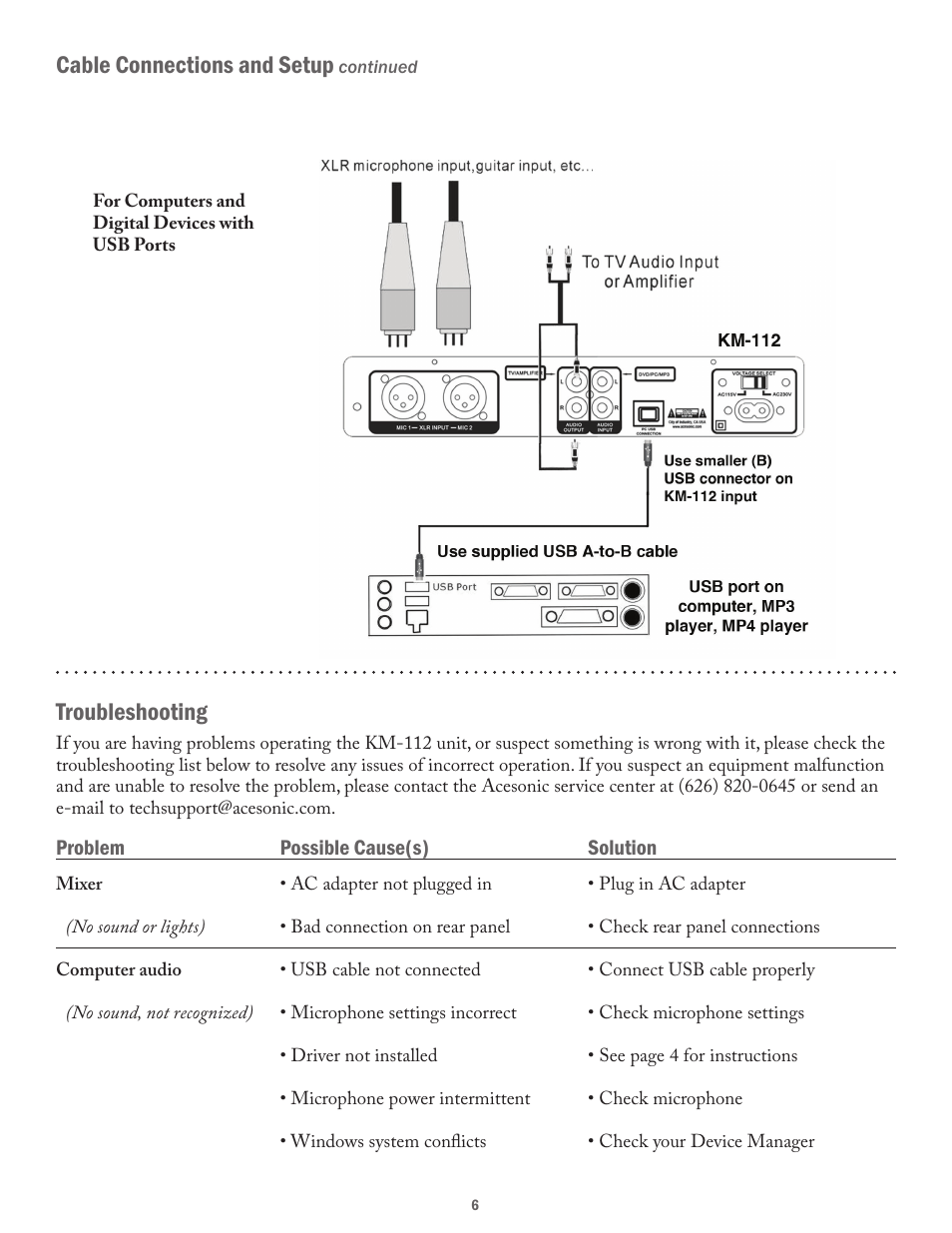 Troubleshooting, Cable connections and setup | Acesonic VOCAL MIXER WITH COMPUTER AUDIO INTERFACE KM-112 User Manual | Page 6 / 8