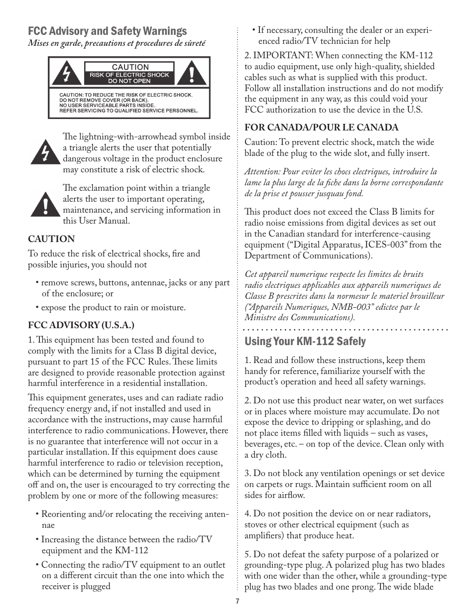 Fcc advisory and safety warnings, Using your km-112 safely | Acesonic VOCAL MIXER WITH COMPUTER AUDIO INTERFACE KM-112 User Manual | Page 7 / 8