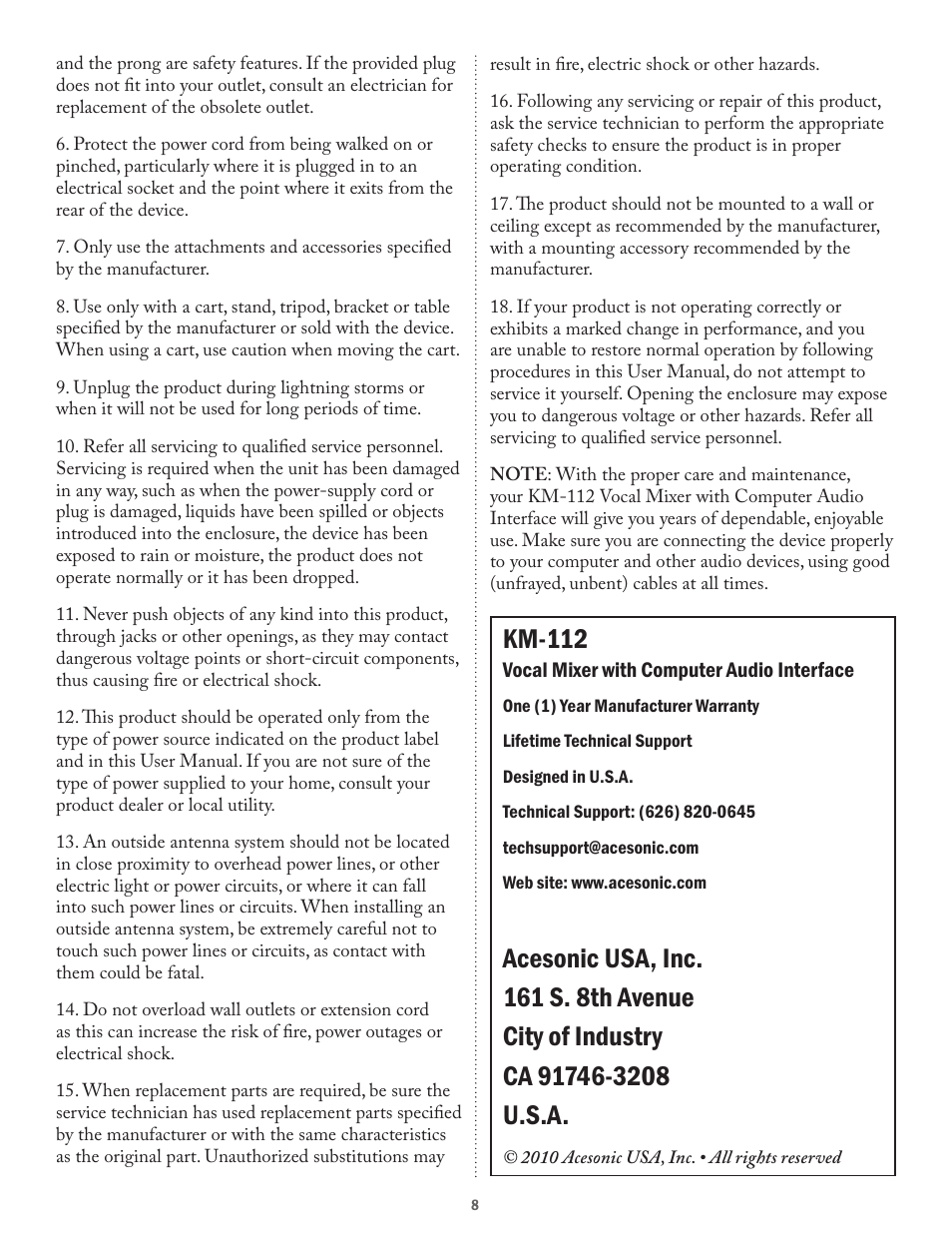 Km-112 | Acesonic VOCAL MIXER WITH COMPUTER AUDIO INTERFACE KM-112 User Manual | Page 8 / 8