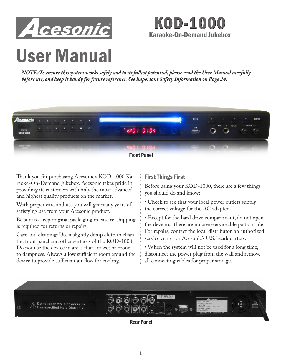 Acesonic KOD-1000 User Manual | 28 pages