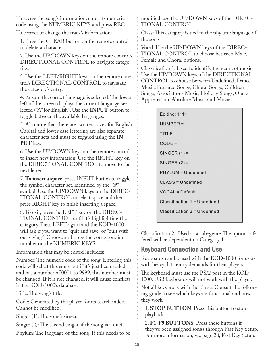 Keyboard connection and use | Acesonic KOD-1000 User Manual | Page 15 / 28