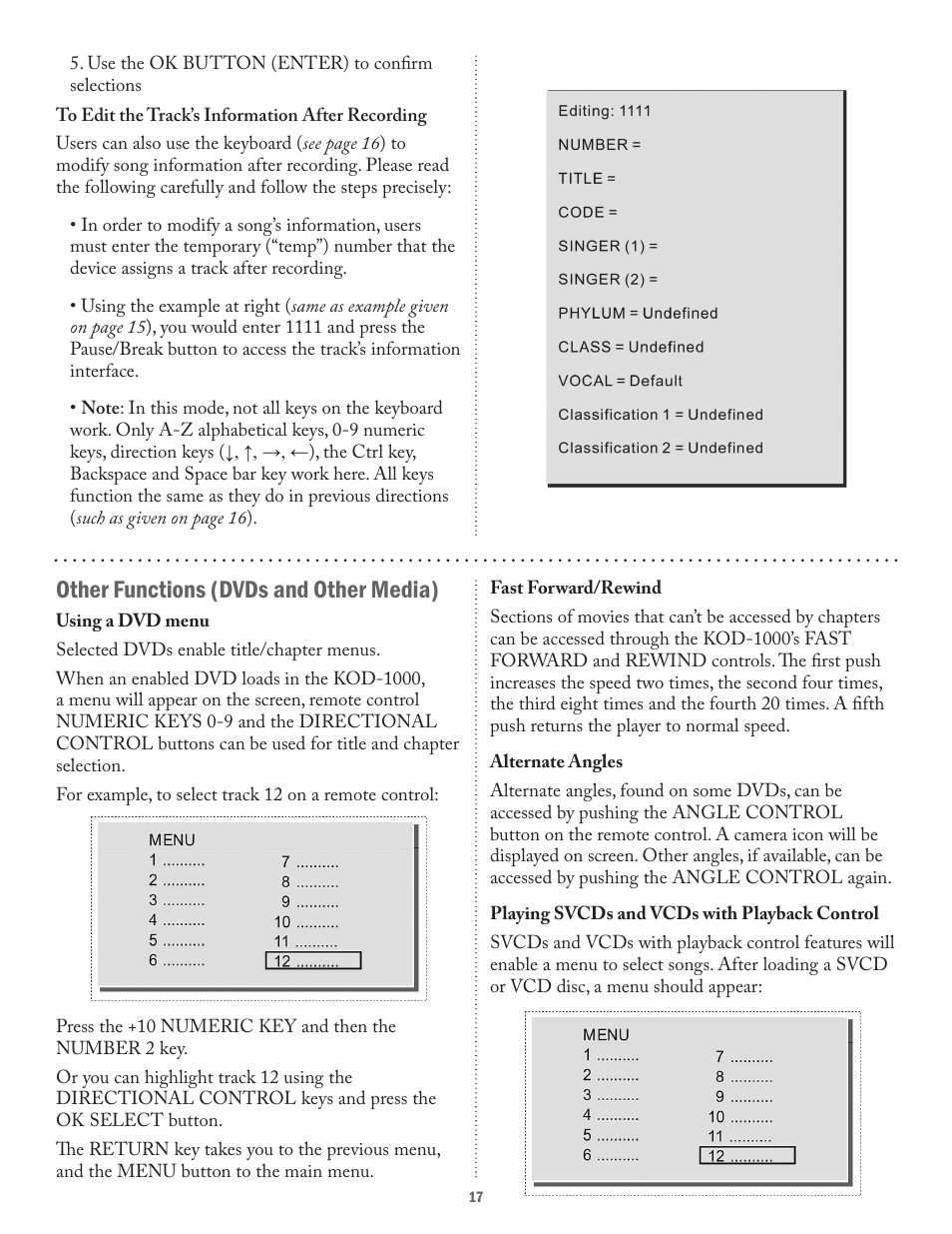 Other functions (dvds and other media) | Acesonic KOD-1000 User Manual | Page 17 / 28