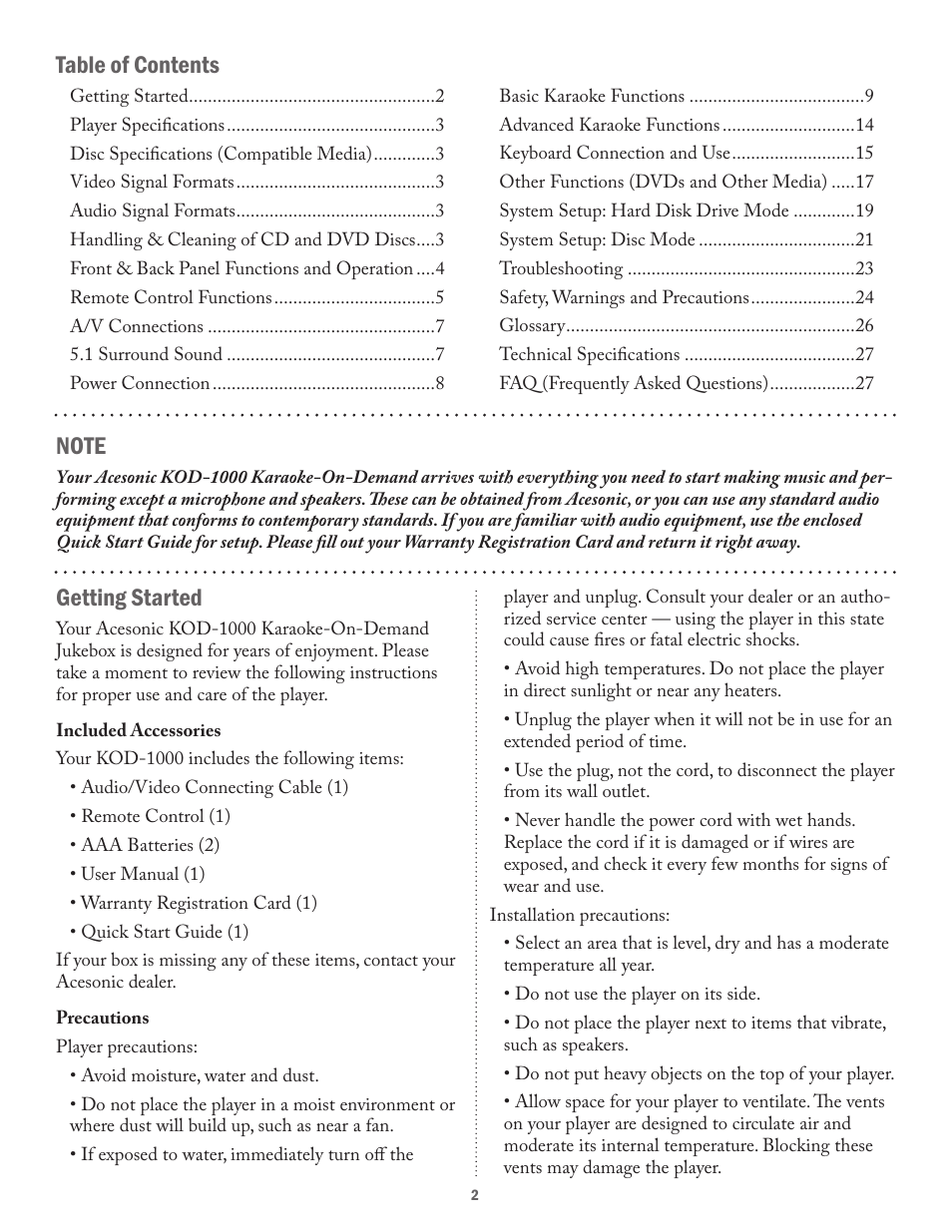 Acesonic KOD-1000 User Manual | Page 2 / 28
