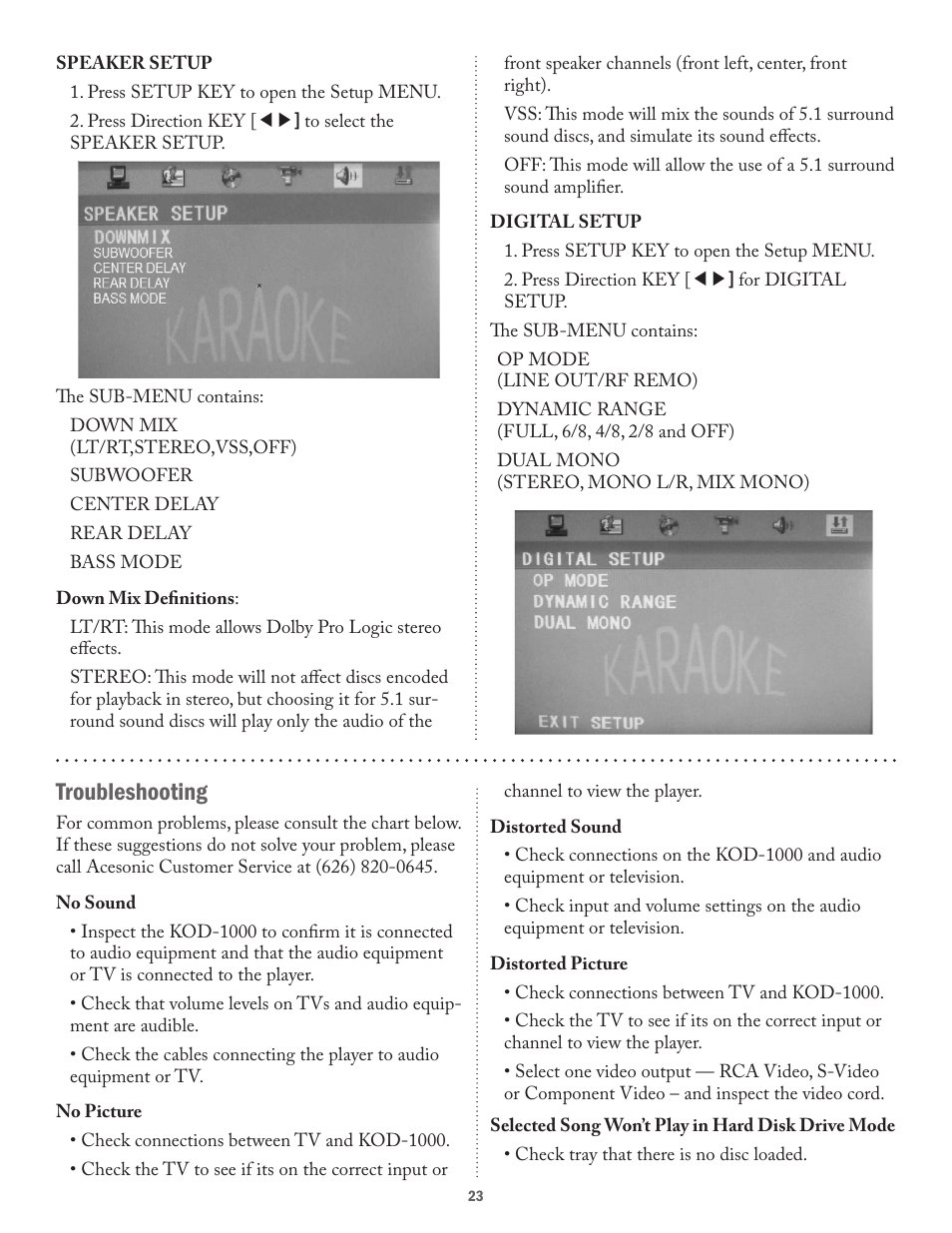 Troubleshooting | Acesonic KOD-1000 User Manual | Page 23 / 28