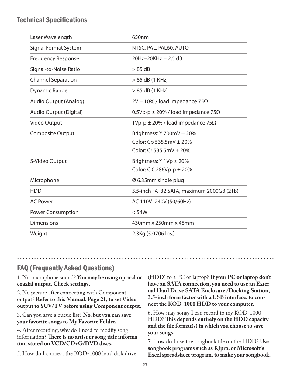 Faq (frequently asked questions), Technical specifications | Acesonic KOD-1000 User Manual | Page 27 / 28