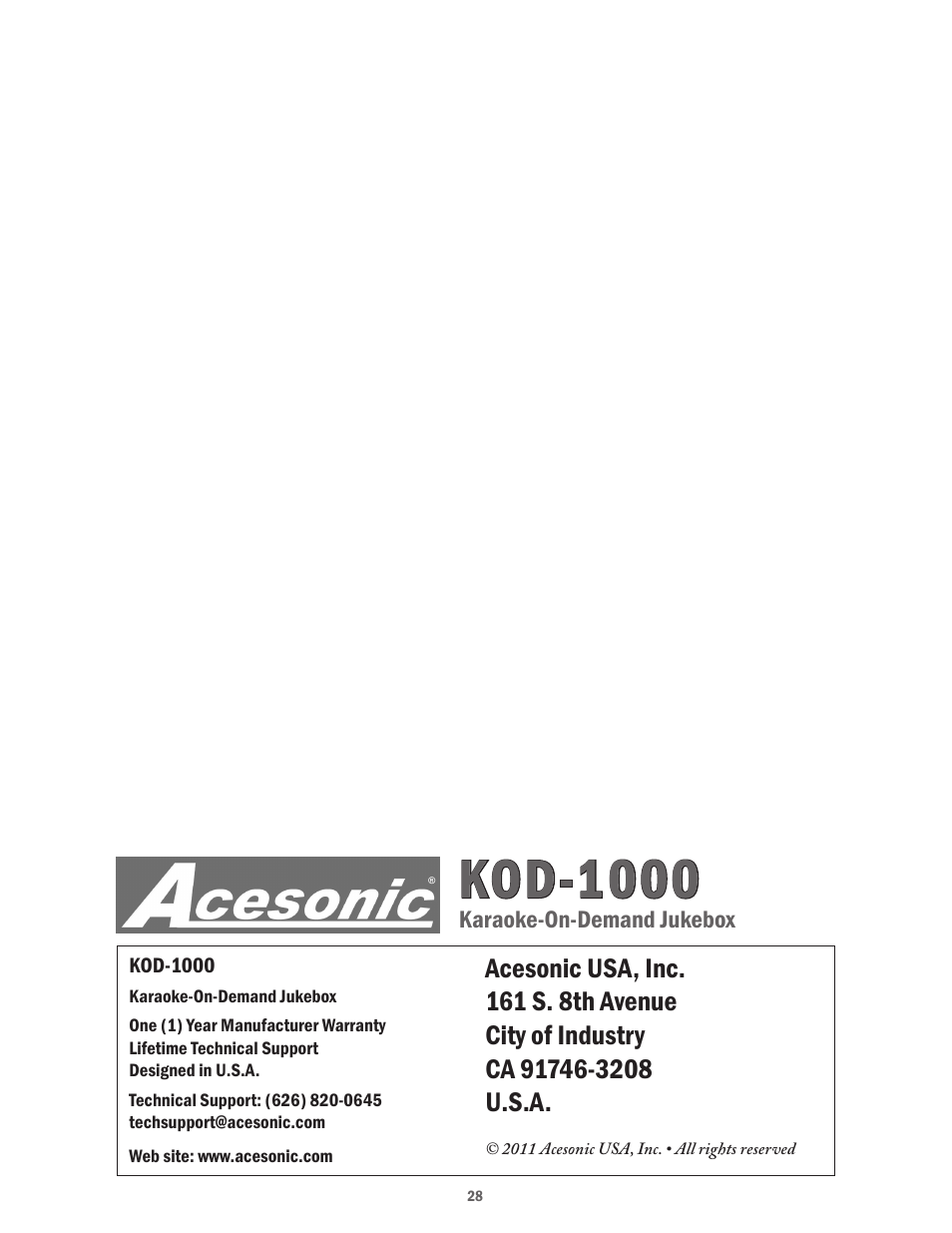 Kod-1000 | Acesonic KOD-1000 User Manual | Page 28 / 28