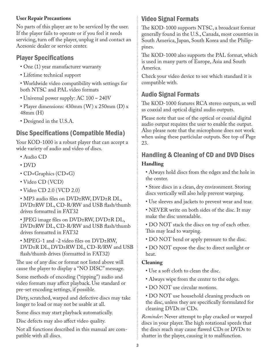 Player specifications, Disc specifications (compatible media), Video signal formats | Audio signal formats, Handling & cleaning of cd and dvd discs | Acesonic KOD-1000 User Manual | Page 3 / 28