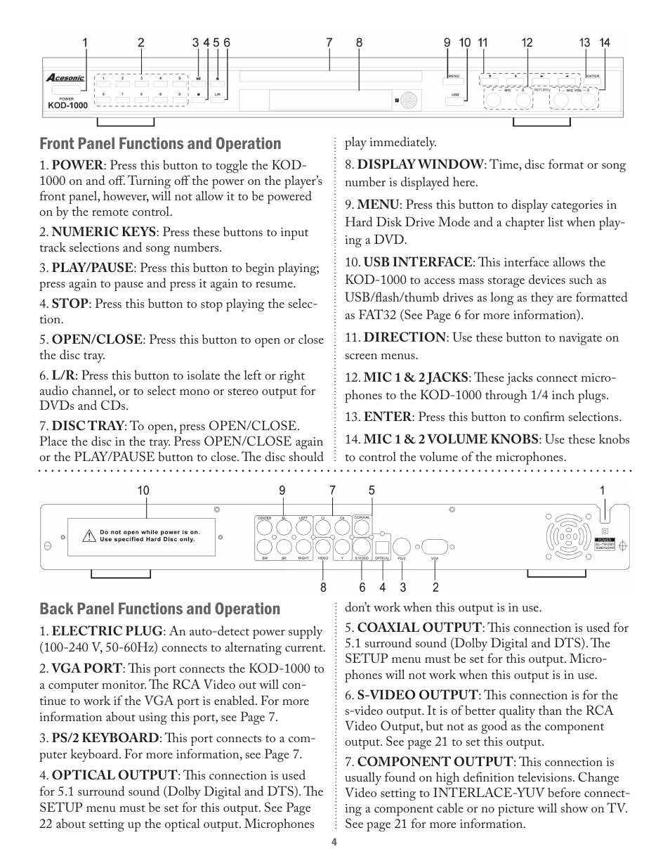 Front panel functions and operation, Back panel functions and operation | Acesonic KOD-1000 User Manual | Page 4 / 28