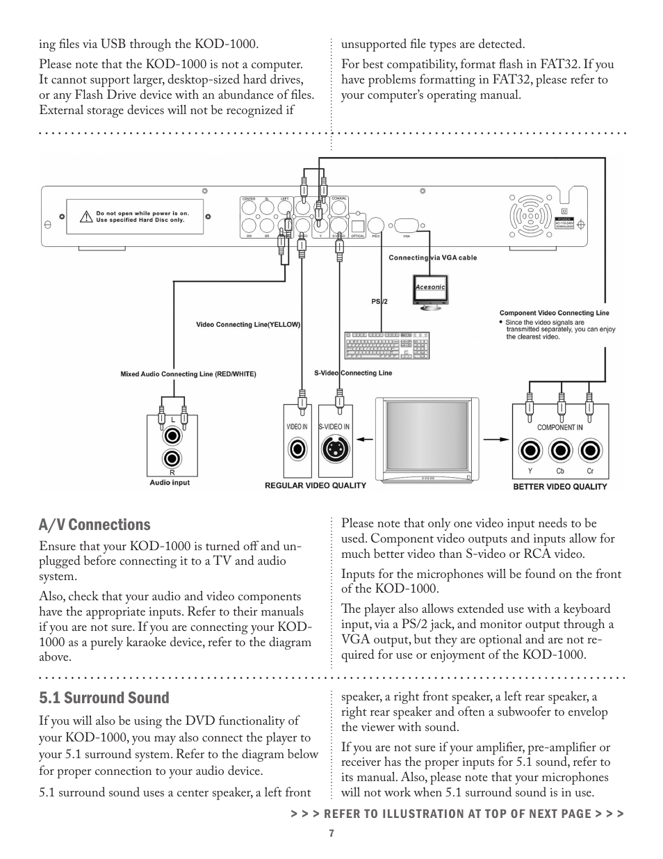 A/v connections, 1 surround sound | Acesonic KOD-1000 User Manual | Page 7 / 28