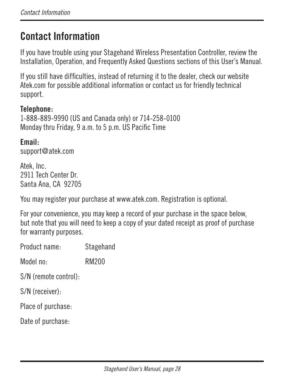 Contact information | Atek electronic Stagehand RM200 User Manual | Page 29 / 31