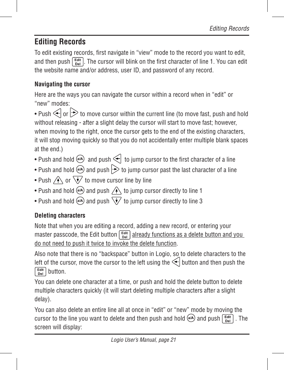 Editing records | Atek electronic Secure Password Organizer LG10B User Manual | Page 23 / 60