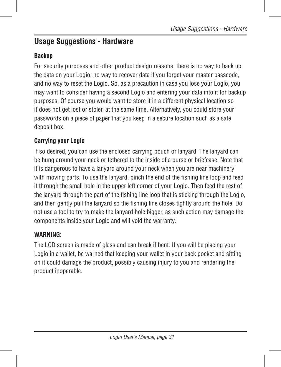 Usage suggestions - hardware | Atek electronic Secure Password Organizer LG10B User Manual | Page 33 / 60