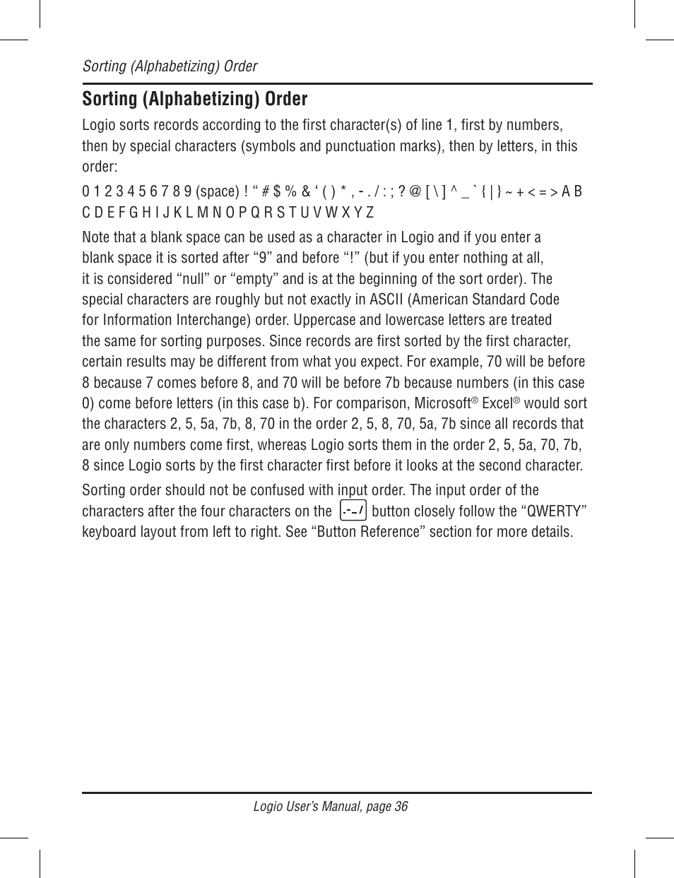 Sorting (alphabetizing) order | Atek electronic Secure Password Organizer LG10B User Manual | Page 38 / 60