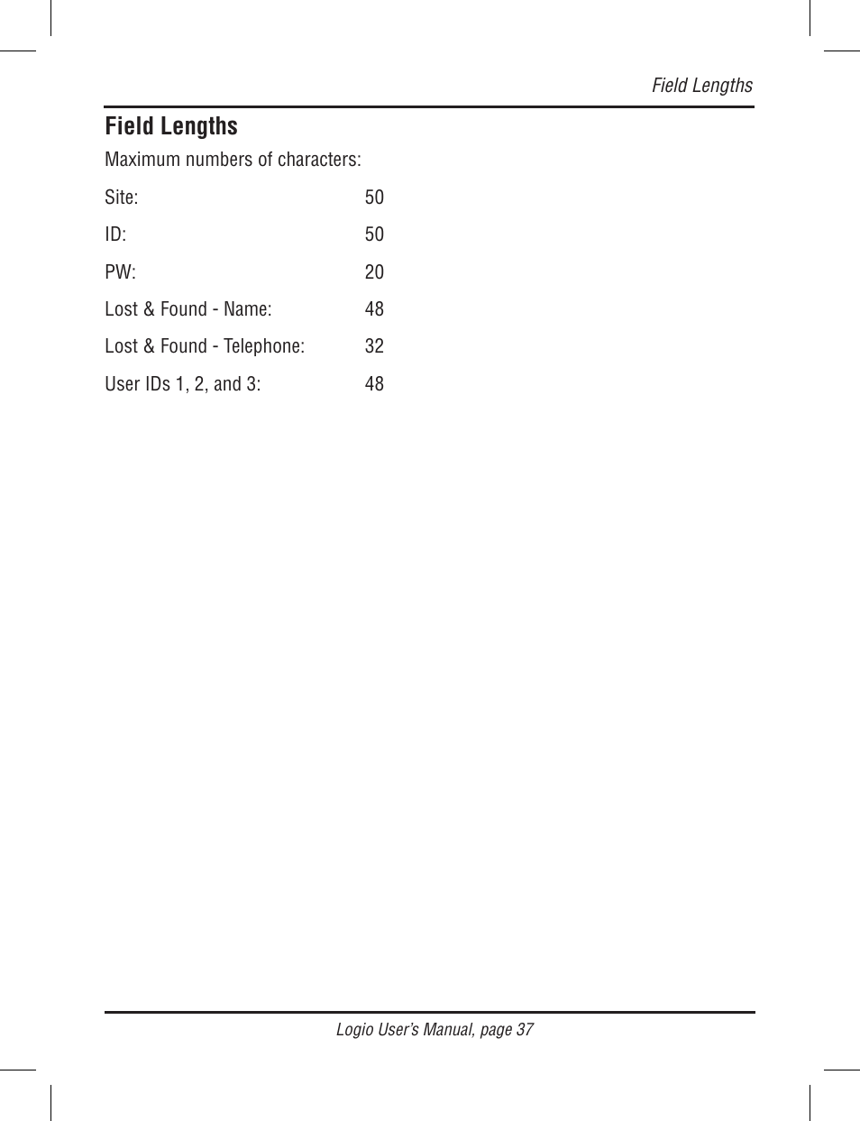 Field lengths | Atek electronic Secure Password Organizer LG10B User Manual | Page 39 / 60
