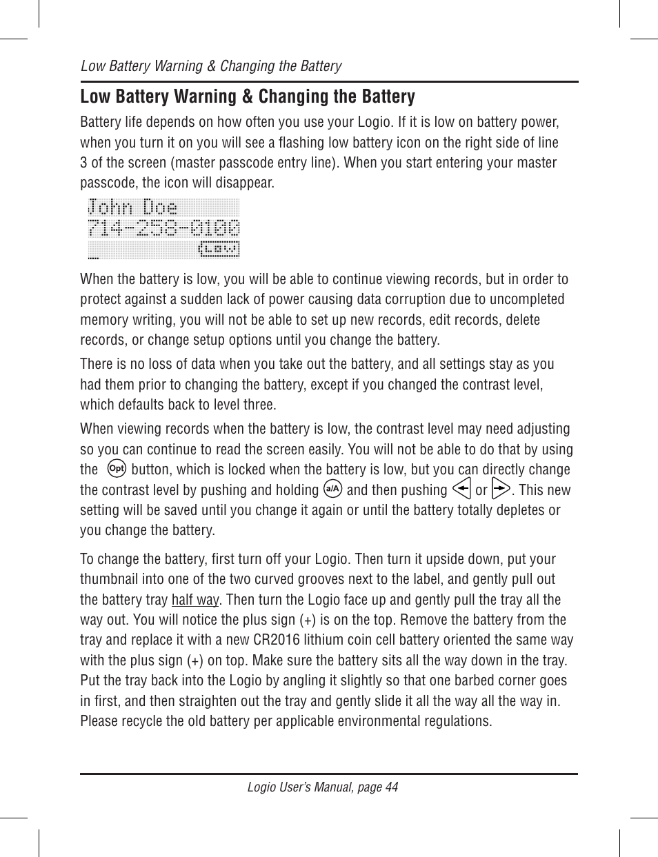 Low battery warning & changing the battery | Atek electronic Secure Password Organizer LG10B User Manual | Page 46 / 60