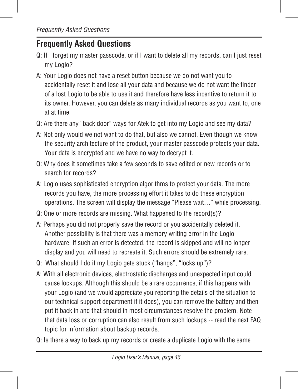 Frequently asked questions | Atek electronic Secure Password Organizer LG10B User Manual | Page 48 / 60