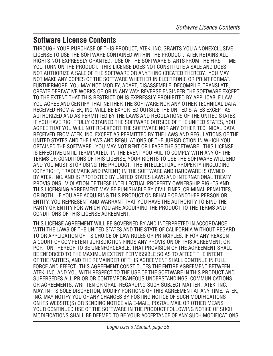 Software license contents | Atek electronic Secure Password Organizer LG10B User Manual | Page 57 / 60