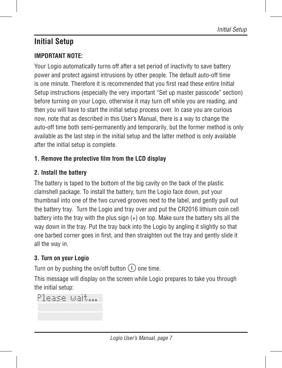 Initial setup | Atek electronic Secure Password Organizer LG10B User Manual | Page 9 / 60