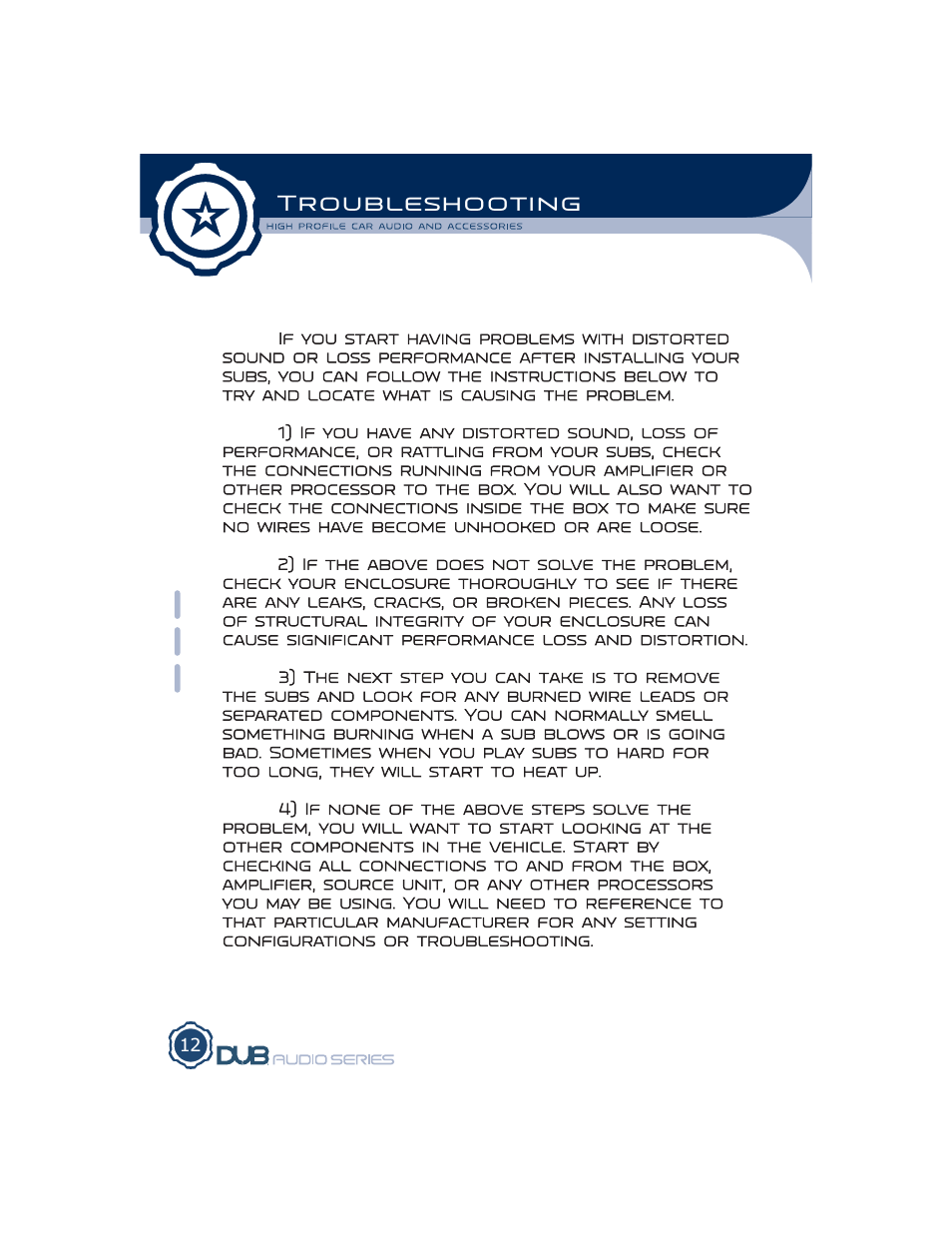 Troubleshooting | AudioBahn DUB1500 User Manual | Page 14 / 17