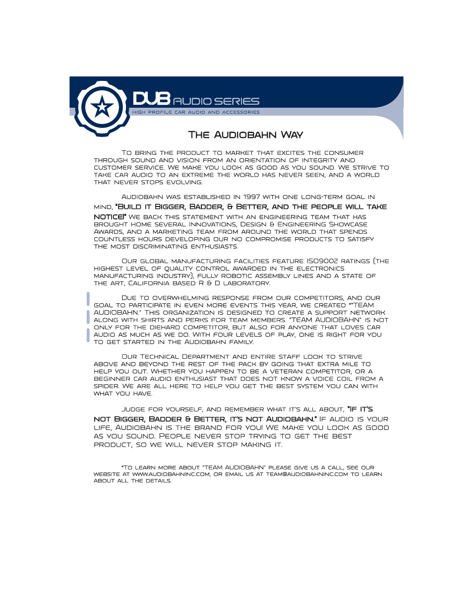 The audiobahn way | AudioBahn DUB1500 User Manual | Page 2 / 17