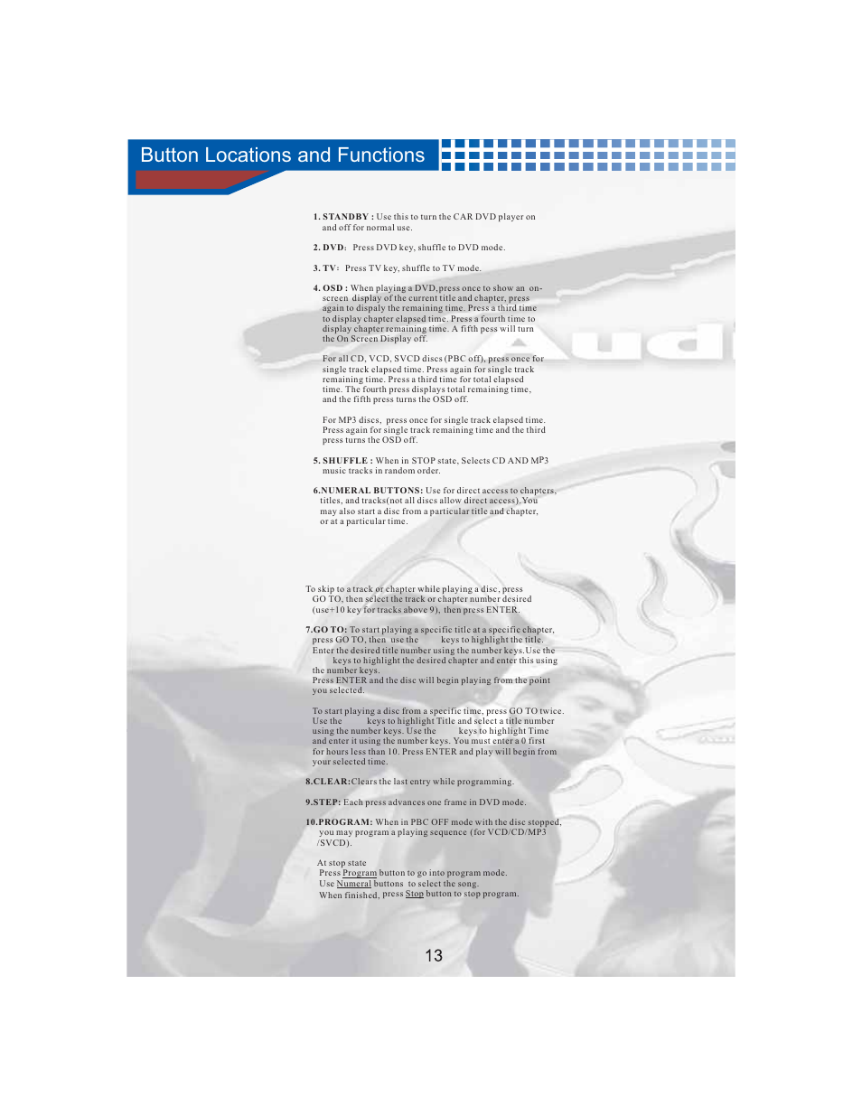 Button locations and functions | AudioBahn Tray Loaded Multi-Format DVD Player AVDVD10P User Manual | Page 14 / 26