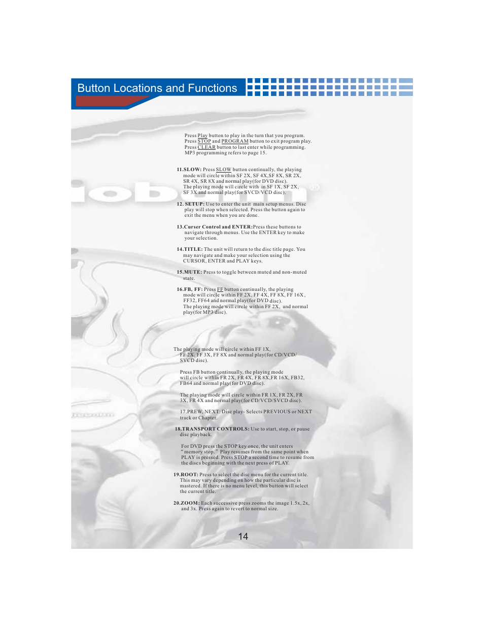 Button locations and functions | AudioBahn Tray Loaded Multi-Format DVD Player AVDVD10P User Manual | Page 15 / 26
