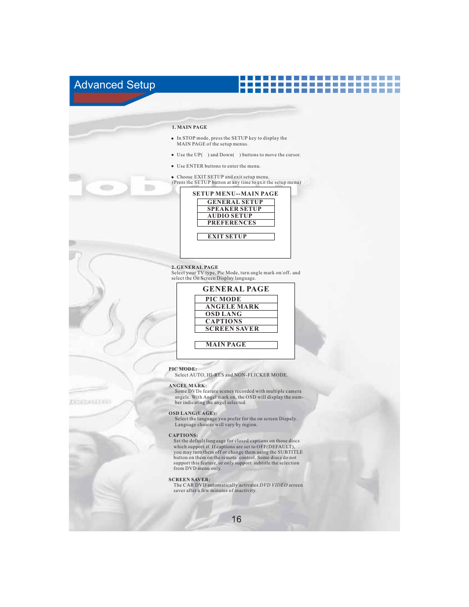 Advanced setup, General page | AudioBahn Tray Loaded Multi-Format DVD Player AVDVD10P User Manual | Page 17 / 26