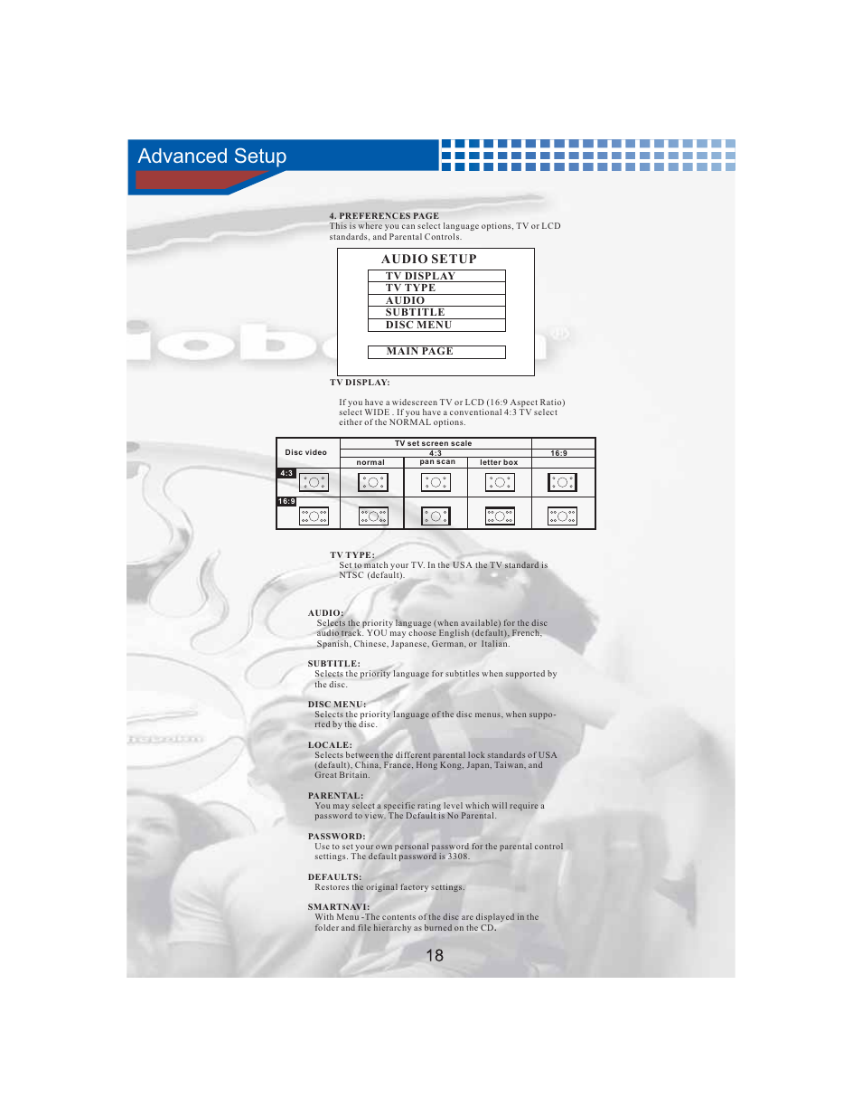 Advanced setup, Audio setup | AudioBahn Tray Loaded Multi-Format DVD Player AVDVD10P User Manual | Page 19 / 26