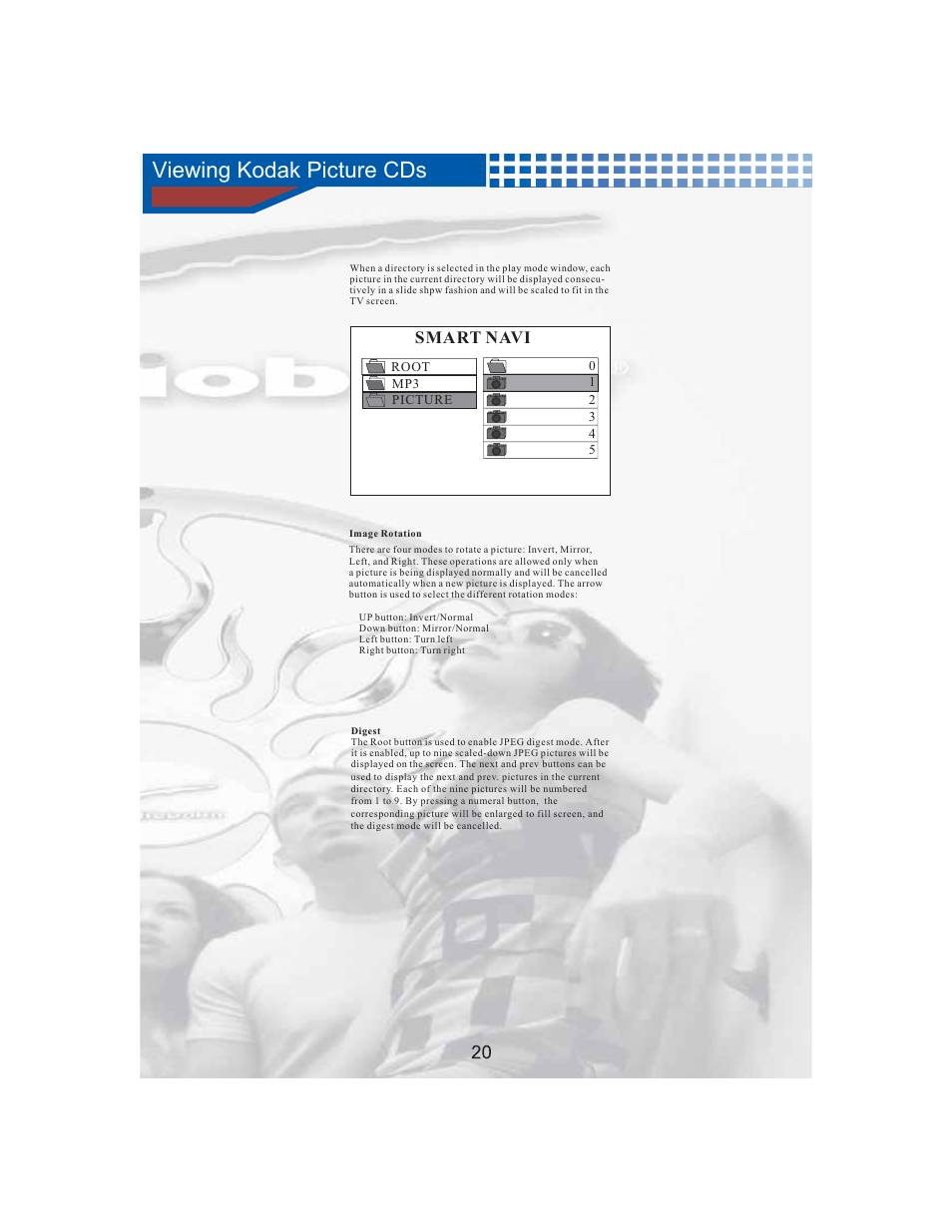 Viewing kodak picture cds, Smart navi | AudioBahn Tray Loaded Multi-Format DVD Player AVDVD10P User Manual | Page 21 / 26