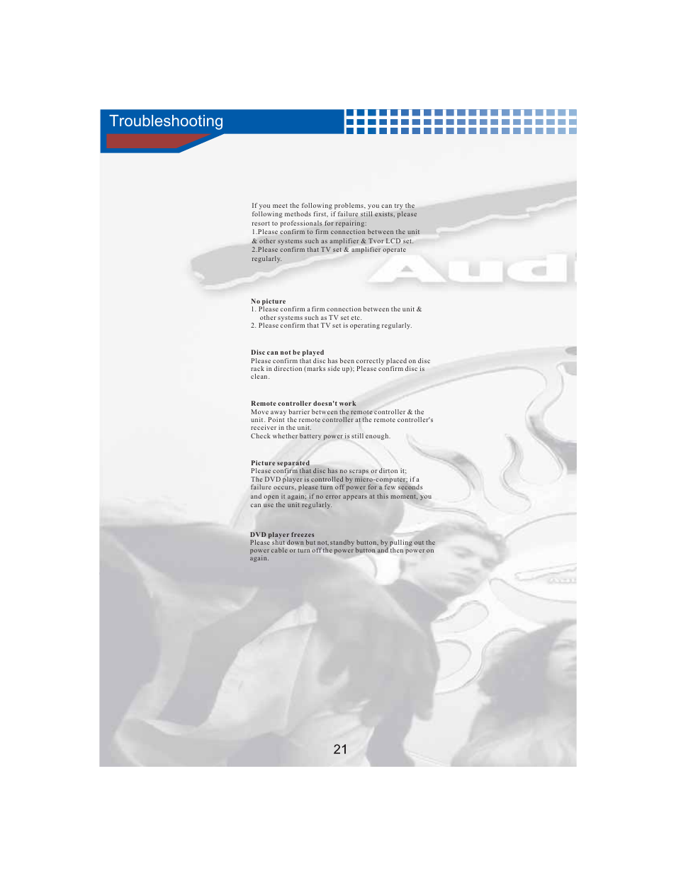 Troubleshooting | AudioBahn Tray Loaded Multi-Format DVD Player AVDVD10P User Manual | Page 22 / 26