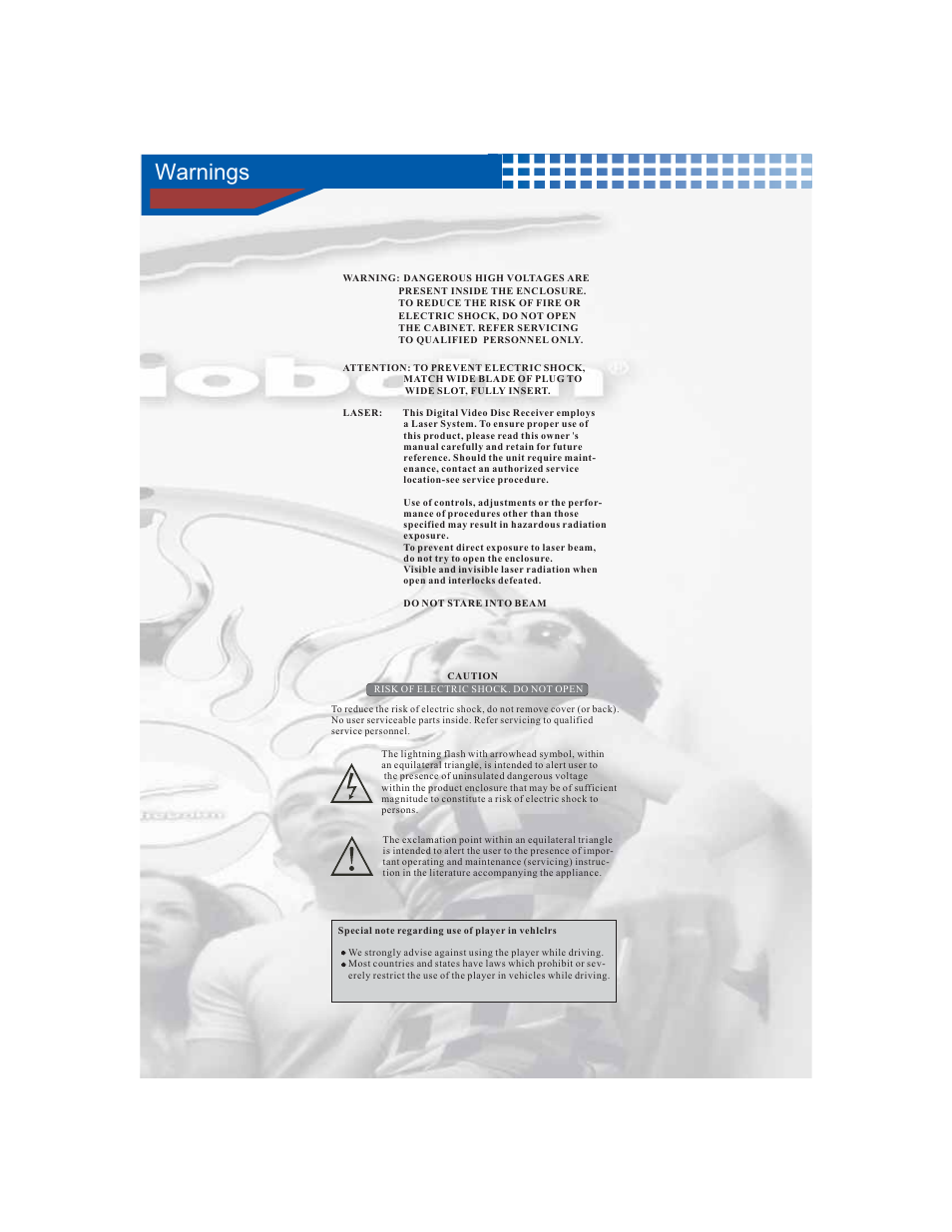 Warnings | AudioBahn Tray Loaded Multi-Format DVD Player AVDVD10P User Manual | Page 5 / 26