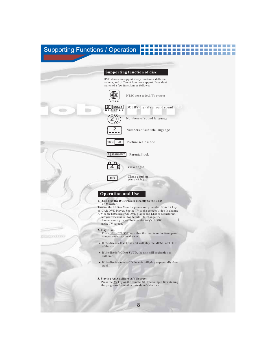 Supporting functions / operation, Operation and use | AudioBahn Tray Loaded Multi-Format DVD Player AVDVD10P User Manual | Page 9 / 26