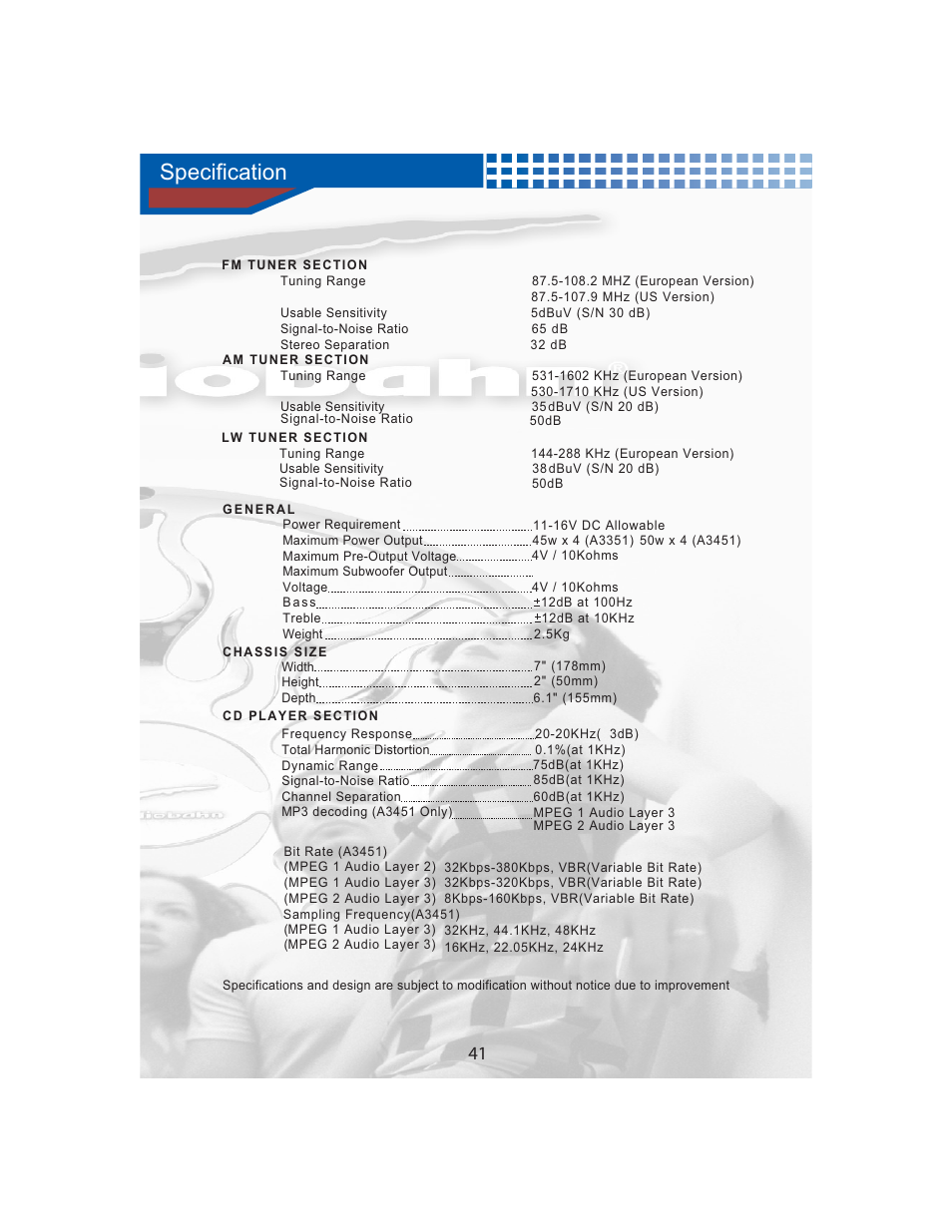 Specification | AudioBahn MULTIFUNCTIONAL SOURCE UNIT A3351 User Manual | Page 43 / 45
