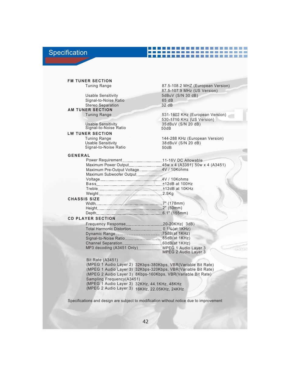Specification | AudioBahn MULTIFUNCTIONAL SOURCE UNIT A3351 User Manual | Page 44 / 45