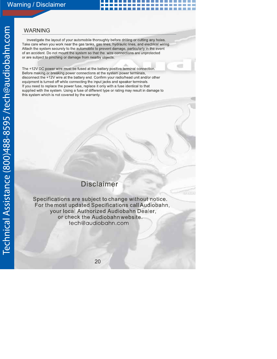 Disclaimer, Warning / disclaimer | AudioBahn Audiobah XM Ready A1100N User Manual | Page 22 / 24