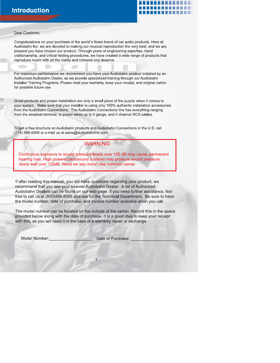 Introduction, Warning | AudioBahn Audiobah XM Ready A1100N User Manual | Page 3 / 24