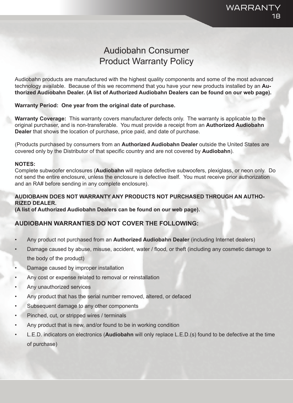 Audiobahn consumer product warranty policy, Warranty | AudioBahn A18001DJ User Manual | Page 19 / 24