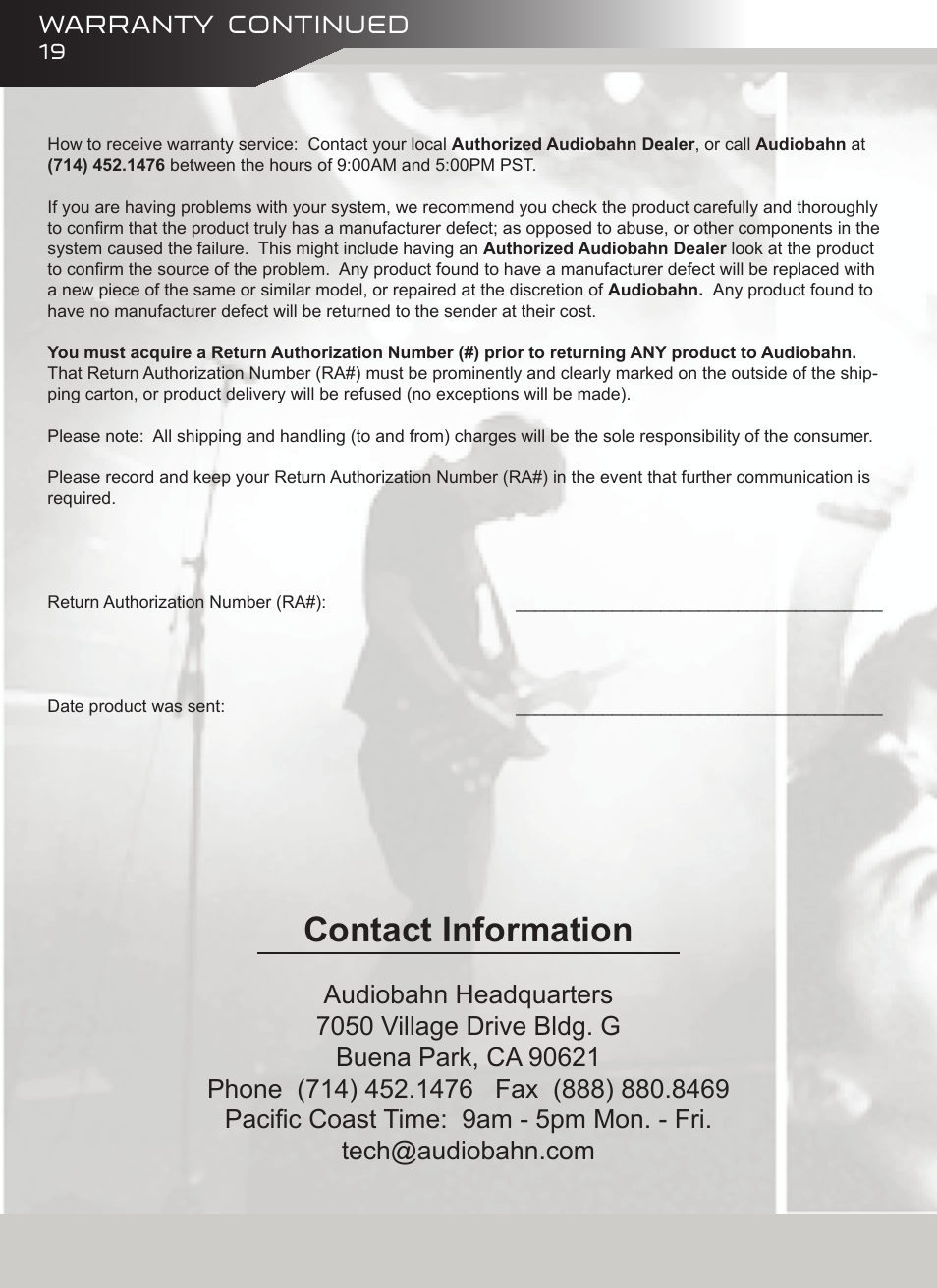 Contact information | AudioBahn A18001DJ User Manual | Page 20 / 24