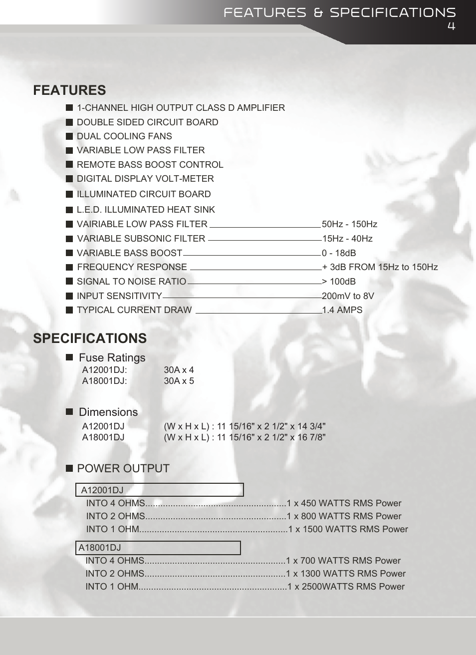 Features specifications, Features & specifications | AudioBahn A18001DJ User Manual | Page 5 / 24