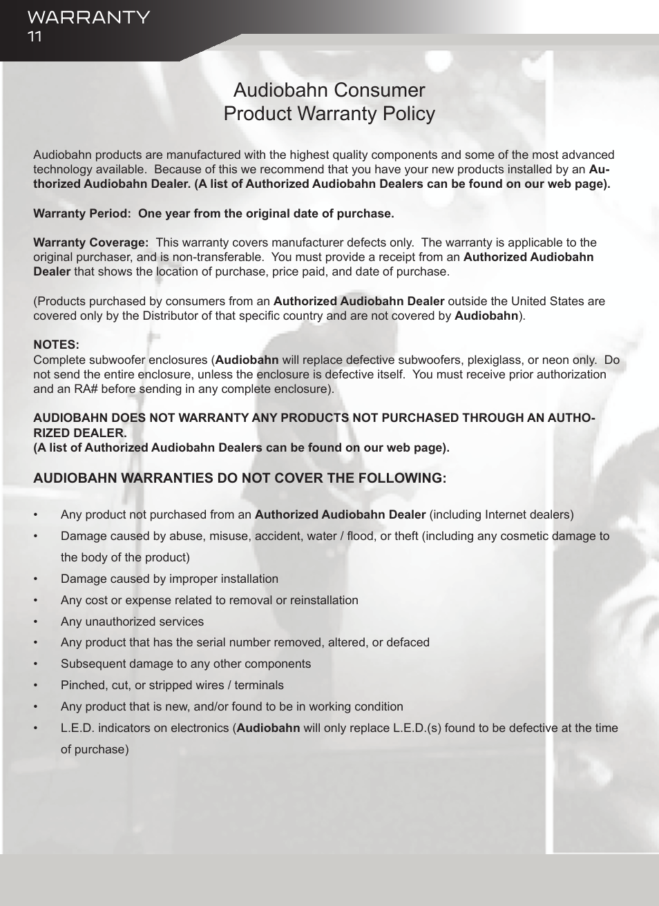 Audiobahn consumer product warranty policy, Warranty | AudioBahn AT61J User Manual | Page 12 / 16