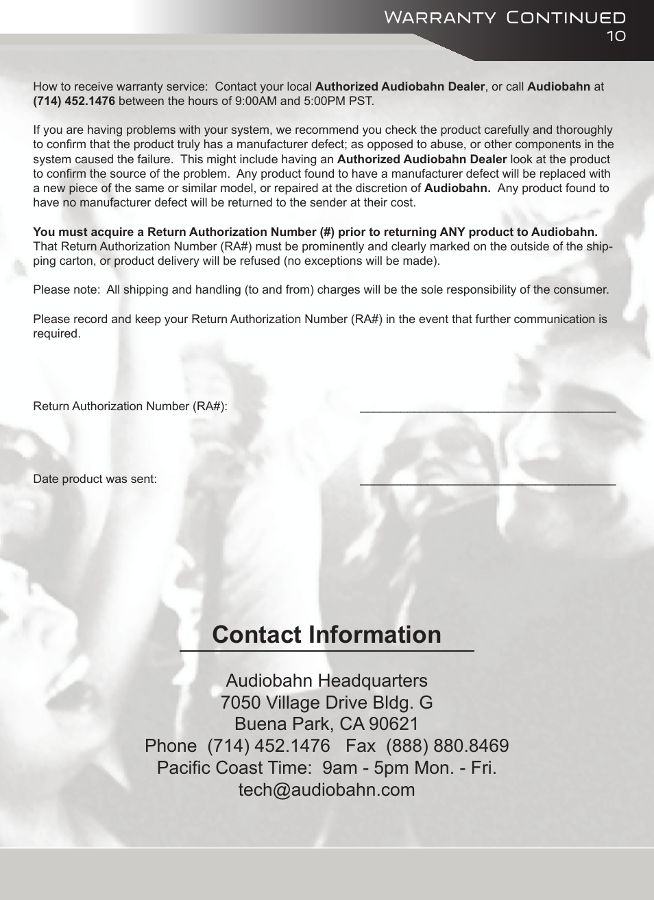 Contact information, Warranty continued | AudioBahn ABD40J User Manual | Page 11 / 12