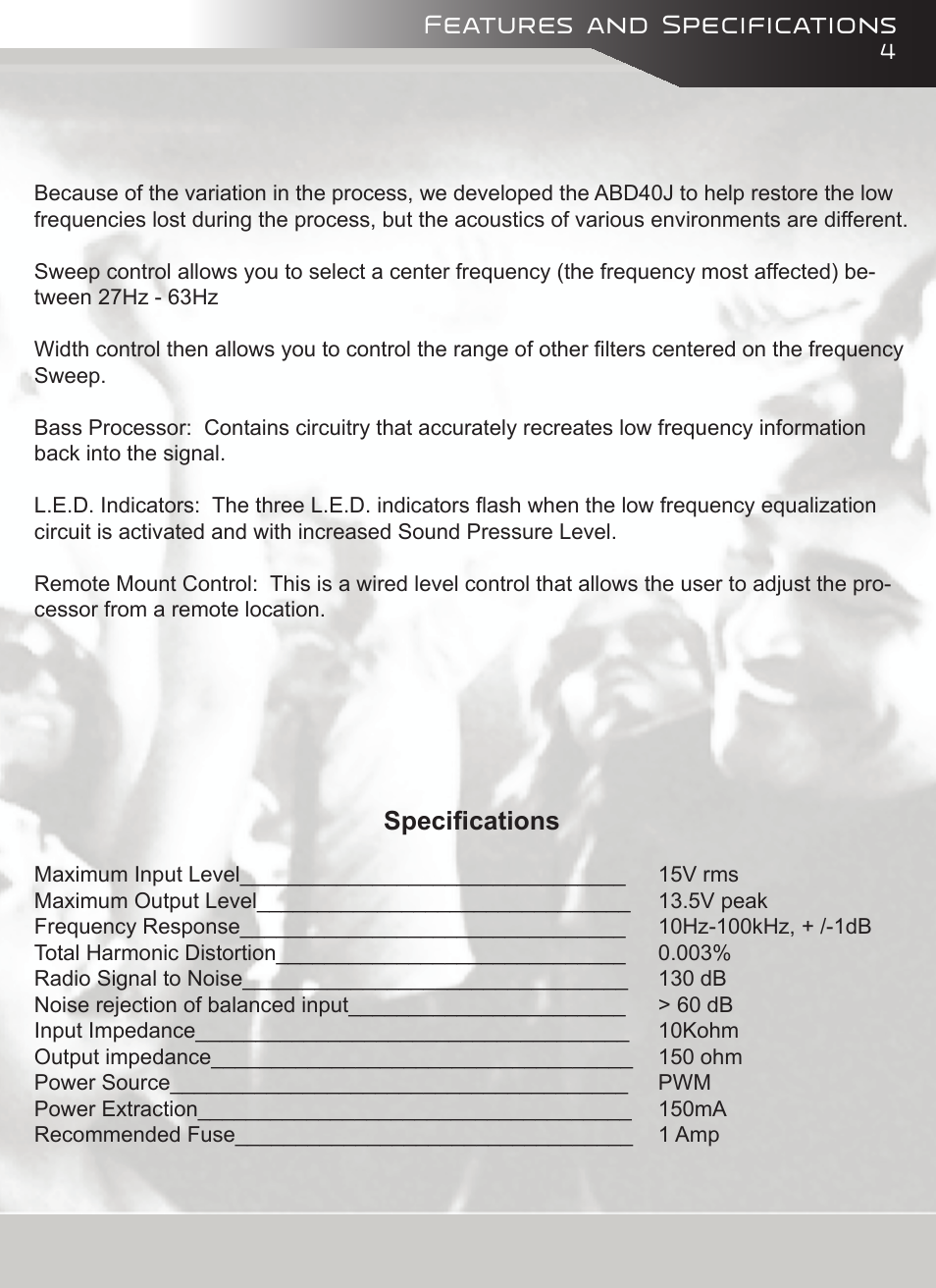 Features and specifications, Specifications | AudioBahn ABD40J User Manual | Page 5 / 12